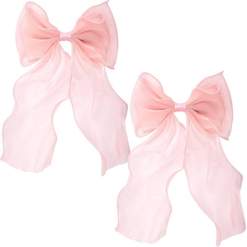 STSTR 2Pcs Large Hair Bow Clips, Pink Silk Yarn Ribbon Bow Hair Barrette for Women, Elegant Long Tail Bowknot French Hair Accessories for Wedding, Parties, Festivals - Image 1